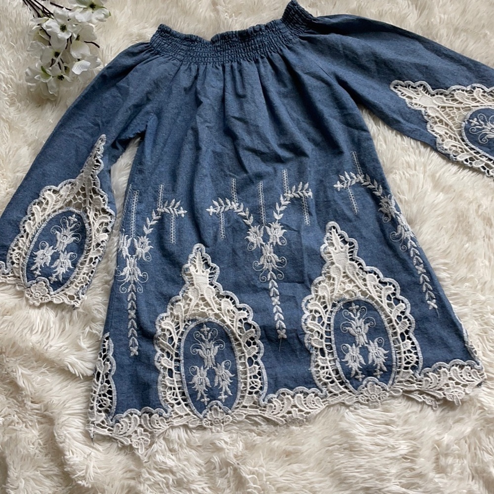 Elegant Blue Lace Trim Off-Shoulder Blouse